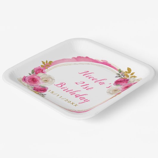 ホットピンクと金ゴールドエレガント花誕生会 ペーパープレート (傾斜あり)