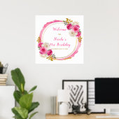 ホットピンクと金ゴールドエレガント花誕生会 ポスター (ホームオフィス)