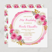 ホットピンクと金ゴールドエレガント花誕生会 招待状 (正面/裏面)