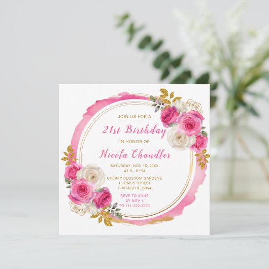 ホットピンクと金ゴールドエレガント花誕生会 招待状 (スタンド正面)