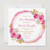 ホットピンクと金ゴールドエレガント花誕生会 招待状 (正面)