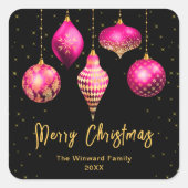 ホットピンクと金ゴールドオーナメントメリークリスマス スクエアシール (正面)