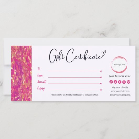 ホットピンクと金ゴールドギフト証明書 (正面)