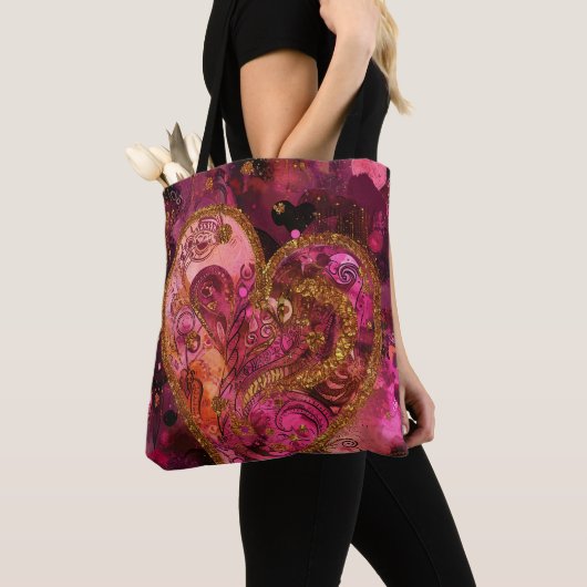 ホットピンクと金ゴールドグリッタールックバレンタインハート トートバッグ (クローズアップ)