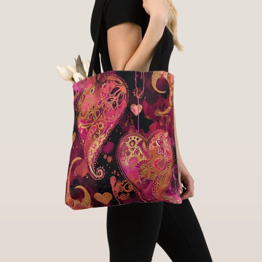 ホットピンクと金ゴールドグリッタールックバレンタインハート トートバッグ (クローズアップ)