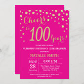 ホットピンクと金ゴールドサプライズ100誕生日ダイヤモンド 招待状 (正面/裏面)