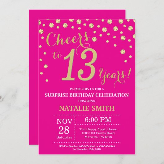 ホットピンクと金ゴールドサプライズ13誕生日ダイヤモンド 招待状 (正面/裏面)