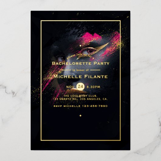 ホットピンクと金ゴールドバチェロレッテ 箔招待状 (正面)