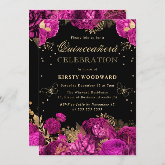 ホットピンクと金ゴールドバラフローラキンセアニェラ 招待状 (正面/裏面)