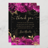 ホットピンクと金ゴールドバラフローラ誕生日 サンキューカード (正面/裏面)
