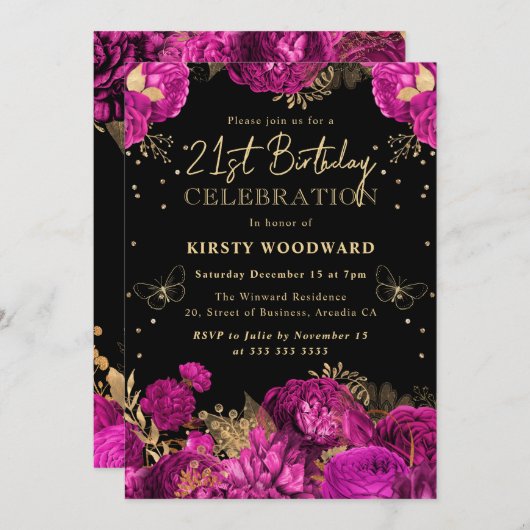 ホットピンクと金ゴールドバラフローラ21日 招待状 (正面/裏面)