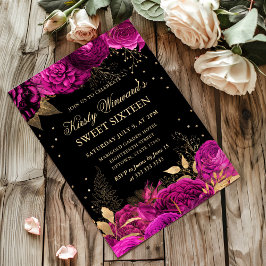 ホットピンクと金ゴールドバラフローラSweet sixteen 招待状