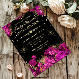 ホットピンクと金ゴールドバラフローラSweet sixteen 招待状
