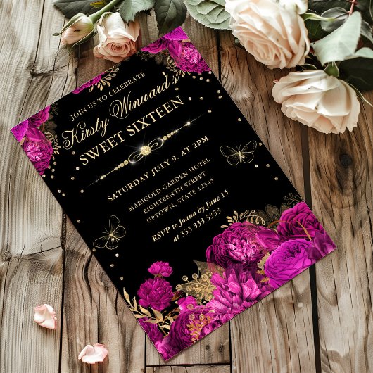 ホットピンクと金ゴールドバラフローラSweet sixteen 招待状