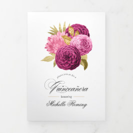 ホットピンクと金ゴールドフローラキンセアニラ写真トリフォル 三つ折り招待状