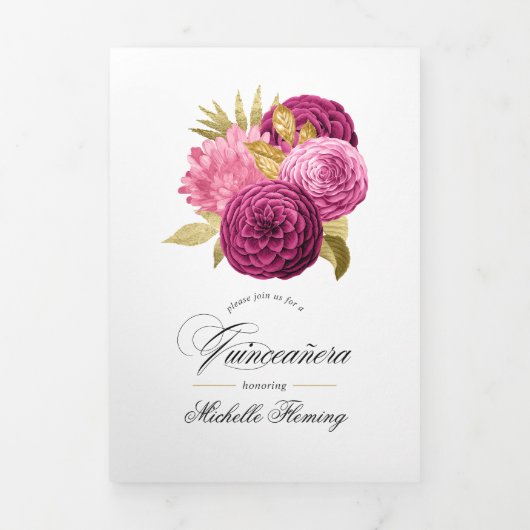 ホットピンクと金ゴールドフローラキンセアニラ写真トリフォル 三つ折り招待状 (カバー)