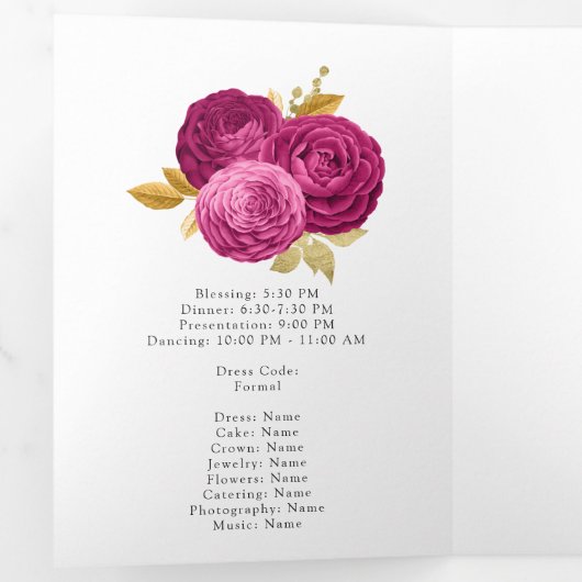 ホットピンクと金ゴールドフローラキンセアニラ写真トリフォル 三つ折り招待状 (内部最初)