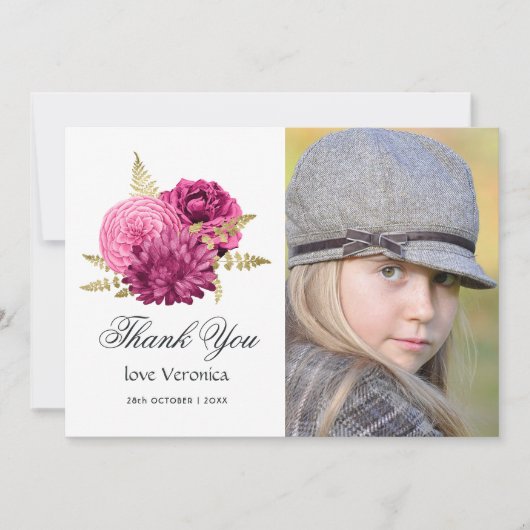 ホットピンクと金ゴールドフローラキンセアニラ写真 サンキューカード (正面)
