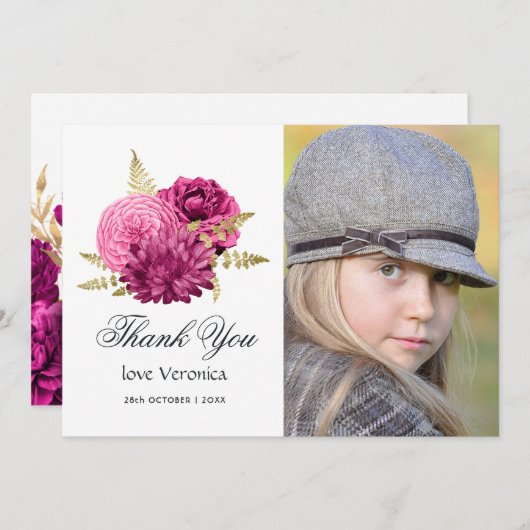 ホットピンクと金ゴールドフローラキンセアニラ写真 サンキューカード (正面/裏面)