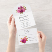 ホットピンクと金ゴールドフローラクインセアニラ オールインワン招待状 (貼ってはがせる)