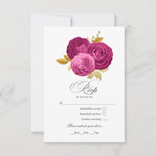 ホットピンクと金ゴールドフローラクインセアニラ 出欠カード (正面)