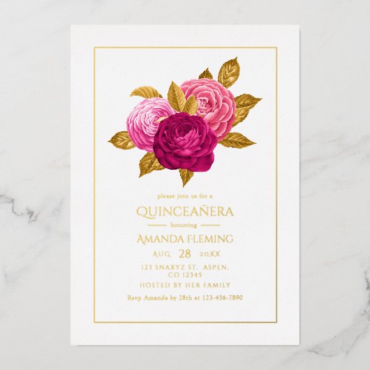 ホットピンクと金ゴールドフローラクインセアニラ 箔招待状 (正面)