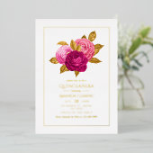 ホットピンクと金ゴールドフローラクインセアニラ 箔招待状 (立ち正面)