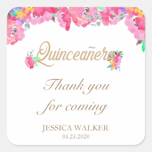 ホットピンクと金ゴールドフローラサンキューキンセアニェラ スクエアシール (正面)