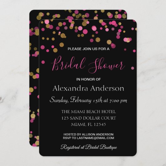 ホットピンクと金ゴールド紙吹雪ブライダルシャワー 招待状 (正面/裏面)