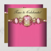 ホットピンクと金ゴールド誕生日パーティー 招待状 (正面/裏面)