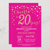 ホットピンクと金ゴールド20誕生日ダイヤモンド 招待状 (正面/裏面)