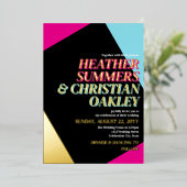 ホットピンクと金ゴールド80sタイポグラフィレトロ結婚の 箔招待状 (立ち正面)