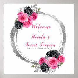 ホットピンクと銀エレガントの花Sweet sixteen ポスター
