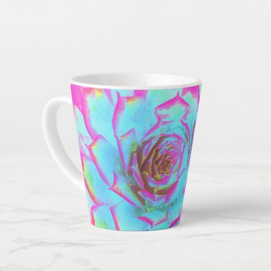 ホットピンクと青の多肉性セダムロゼット カフェラテマグ (左アングル)