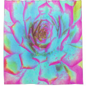 ホットピンクと青の多肉性セダムロゼット シャワーカーテン (正面)