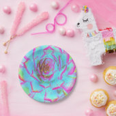 ホットピンクと青の多肉性セダムロゼット ペーパープレート (パーティー)