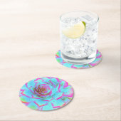 ホットピンクと青の多肉性セダムロゼット ラウンドペーパーコースター (インサイチュ)