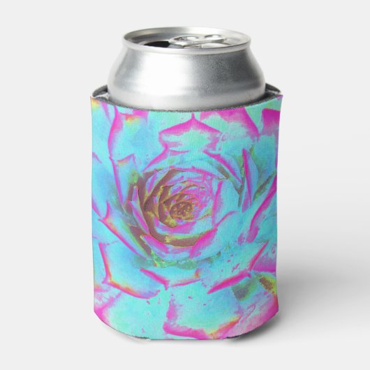 ホットピンクと青の多肉性セダムロゼット 缶クーラー (缶正面)