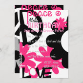 ホットピンクと黒のパーティーと平和と愛 招待状 (正面/裏面)