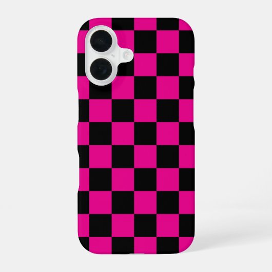 ホットピンクと黒の市松模様プリント iPhone 16ケース (裏面)