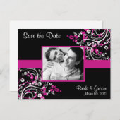 ホットピンクと黒の日付を保存フォトポストカード 案内ポストカード (正面/裏面)