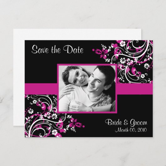 ホットピンクと黒の日付を保存フォトポストカード 案内ポストカード (正面/裏面)