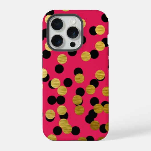 ホットピンクに黒と金の水玉 iPhoneケース (裏面)