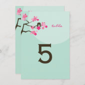 ホットピンクのさくらんぼ花鳥好きテーブル番号 招待状 (正面/裏面)