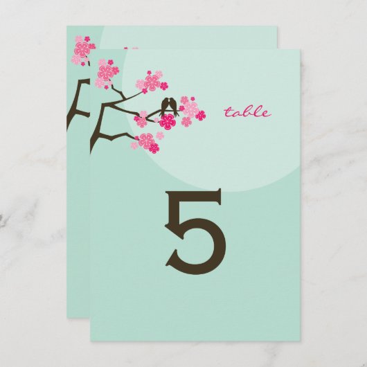 ホットピンクのさくらんぼ花鳥好きテーブル番号 招待状 (正面/裏面)