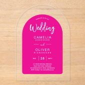 ホットピンクのアクリルの結婚式が白い文字を誘うモダン アクリル招待状 (正面)
