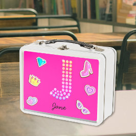 ホットピンクのイニシャルJモノグラムのかわいい女子の新学期グッズ メタルランチボックス
