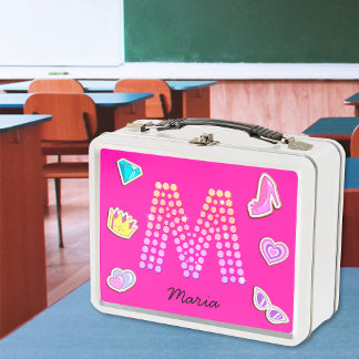 ホットピンクのイニシャルMモノグラムのかわいい女子の新学期グッズ メタルランチボックス