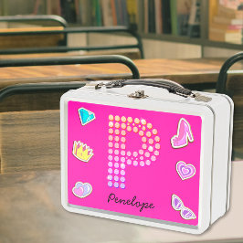 ホットピンクのイニシャルPモノグラムのかわいい女子の新学期グッズ メタルランチボックス