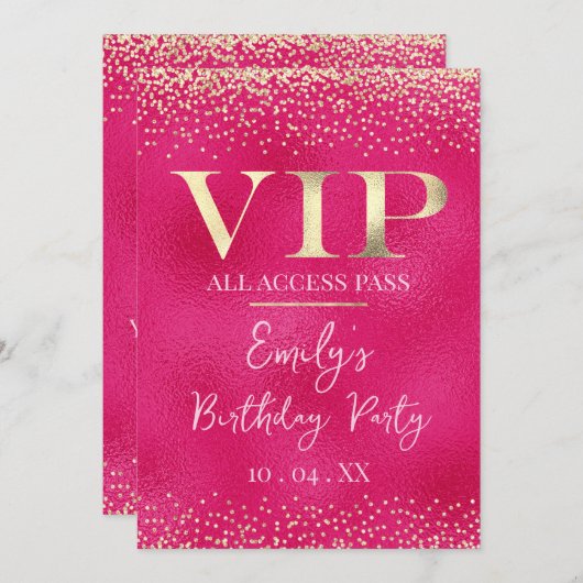ホットピンクのイベントまたはパーティーのゴールドVIP 招待状 (正面/裏面)